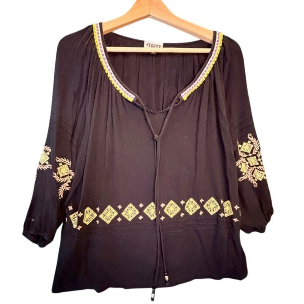 Kerrick Boho Embroidered Black Peasant Blouse Scoop Tie Neckline 3/4 Sleeves XL